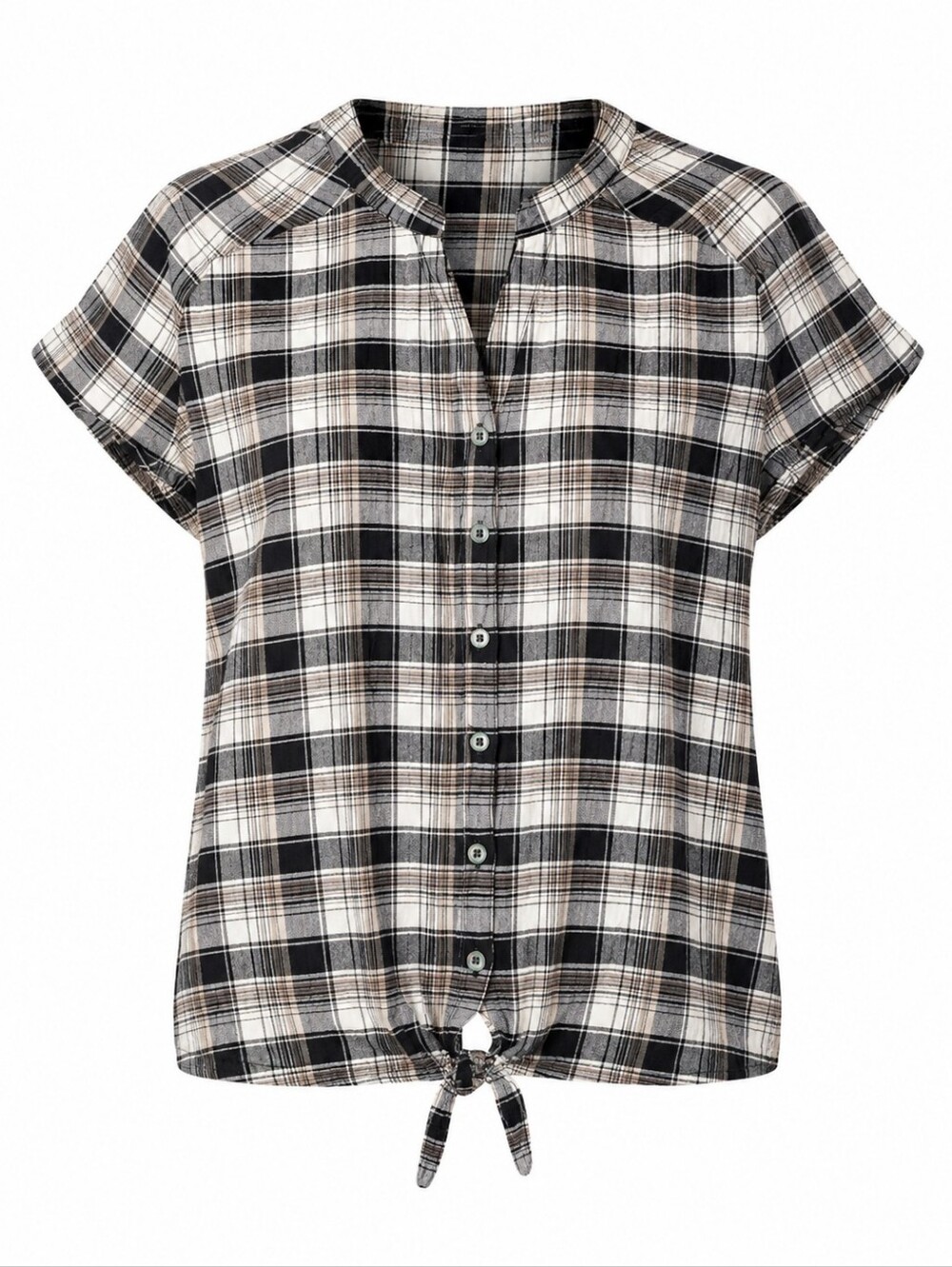 Christopher & Banks Short Sleeve Plaid Black White Tie Waist Button Down Shirt M
